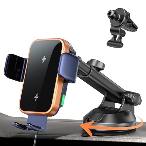 Dual Coil 15W Wireless Car Phone Charger,2 in 1 Auto Clamping Car Mount Charging Phone Holders for Air Vent&Dashboard,Car Mount Holder Charger for Flip S25/S24/S23/S22/S21, iPhone Series