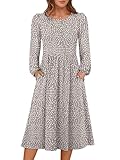 ANRABESS Womens Long Sleeve Floral Midi Dress Crew Neck 2025 Fall Fashion Casual Flowy A-Line Long Dresses with Pockets Vacation Boho Outfits Grey Khaki White Dot L