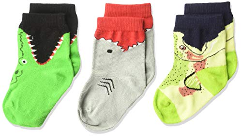 K. Bell Girls' Baby 3 Pair Super Soft Novelty Crew Socks, Gray/Black/Green (Shark Bite), 12-24 Months