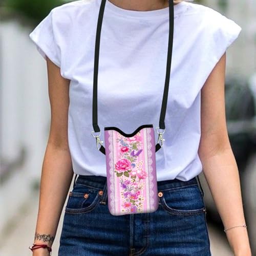 Image of Neoprene Cell Phone Sleeve Pouch Case Bag with Crossbody Strap Neck Lanyard for Women 7.1 X 3.9 in Pink Flower Wall