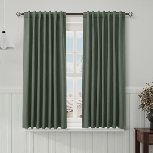 Image of Olive Green 100% Blackout Linen Curtains 63 Inch Length for Bedroom Back Tab Thermal Insulated Modern Farmhouse Decor Black Out Curtain for Living Room Dining Room Rod Pocket Drapes 52x63, 2 Panels