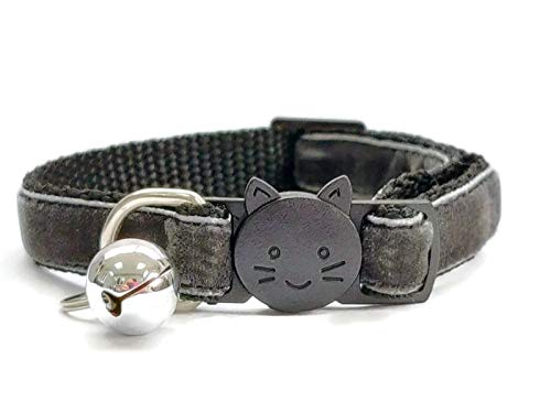 Velvet Cat Collars with Bell, Dark Grey Velvet, Cat Collar (14cm - 24cm)