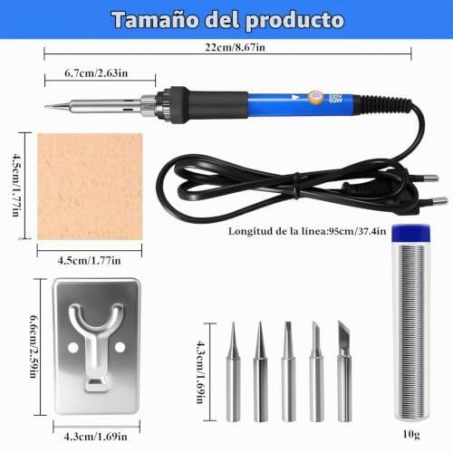 Miniatura 2 de Tuolnk Kit De Soldador 60w 9 Piezas Regulación De Temperatura 6 Niveles 5 Puntas Soporte Estaño Esponja Para Reparación Electrónica Y Trabajos De Bricolaje 60w-9 In 1
