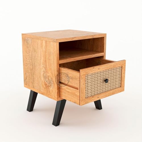 Image of Wooden Bedside Table with Cane Rattan Drawer & Open Shelf | Modern Nightstand for Bedroom (Natural Finish)