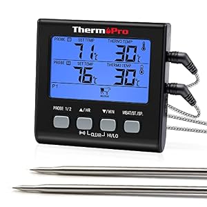 ThermoPro Fleischthermometer Digitales Grill-Thermometer Bratenthermometer Küchenthermometer, zwei Edelstahlsonden, Blaue Hinterbeleuchtung, Temperaturbereich bis 300°C Schwarz
