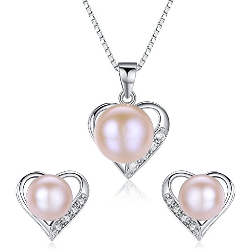 Heart Shaped Flawless Pearl Post Stud Earrings & Silver Chain Pendant Set| Impeccable Quality Natural, Flawless Freshwater Pearl & 925 Sterling Silver| The Best Jewelry Set Gift (2 | Pink Pearls)