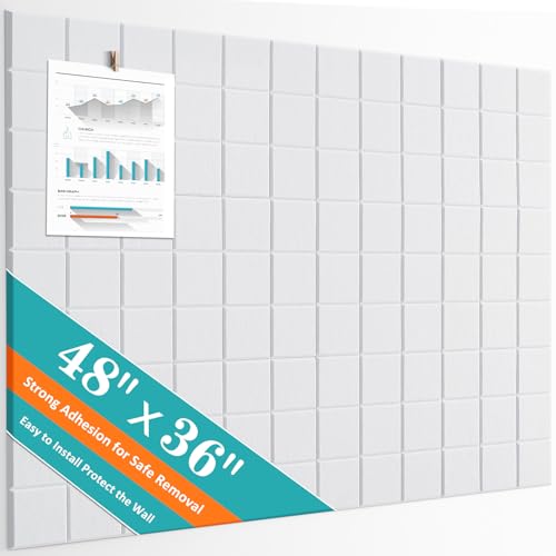 Cork Board for Walls 48" x 36", Bulletin Board for Office Decor, 12 Pack Felt Wall Tiles with Safe Removable Adhesive, Pin Tack Corkboard for Quilting Design & Dart Wall Protector - White
