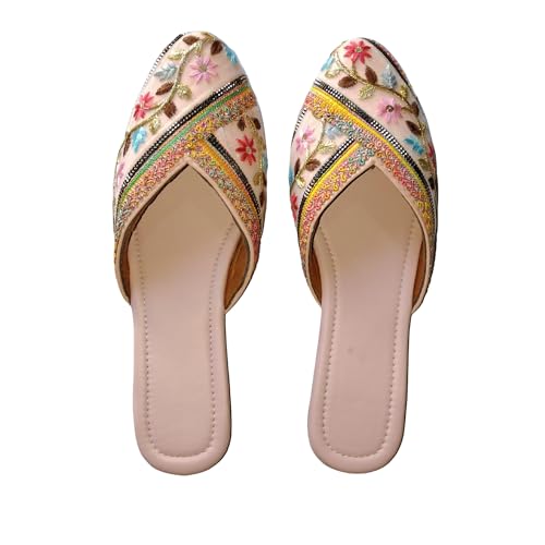 Image of Women's Embroidered Floral Juttis | Ethnic Jutti Flats | Handcrafted Flat Slip-On Mules with Beaded Embellishments