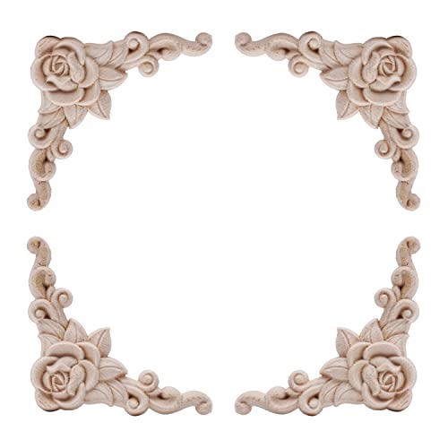 4 Pièces Bois Sculpté Appliqué Sculpture non Peint Sculpture sur Bois Sculpté Decal Coin Onlay Appliqué pour Meubles Armoire Fenêtre Porte Décor (Style 1) Cover