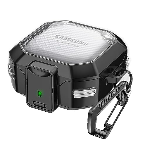 (com trava segura) Capa de fibra de carbono transparente para Samsung Galaxy Buds 2 Pro (2022)/Galaxy Buds Pro (2021)/Galaxy Buds 2 (2021)/Galaxy Buds Live (2020) com chaveiro - preto transparente