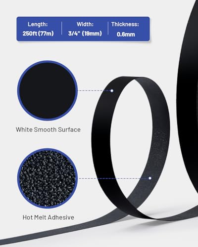 Image of Melamine Edge Banding Black 3 /4 inch x 250 ft Veneer Edging Easy Application Iron on Edge Banding Tape for Cabinet Plywood Repairs Furniture Restoration