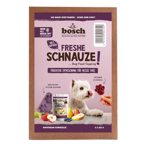 Bosch Freshe Schnauze - Aktionspaket Frucht | Hundeeis | 4 x 200 g + GRATIS Eisform für Hundeeis | Topping für Hundefutter | Für Trockenfutter und Nassfutter | mit frischen Äpfeln Birnen & Blaubeeren