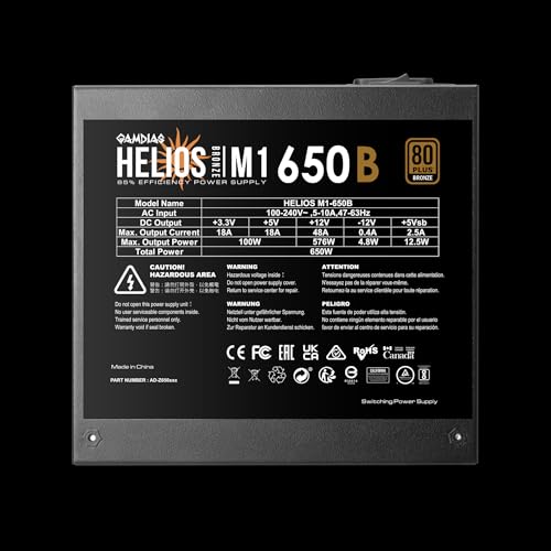 Image of GAMDIAS Helios M1 650B Power Supply Unit, 650W, 80 Plus Bronze, Non-Modular, ATX 12V V2.4, Support C6 /C7 Power State, 120mm Hydraulic Bearing Fan, Flat Black Cables - 3 Year Warranty