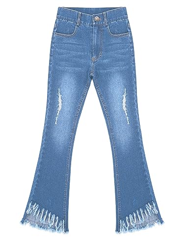 XUNZOO Kids Girls Bell Bottom Jeans Ripped Tassels Flare Jeans Washed High Waist Denim Pants Trousers3