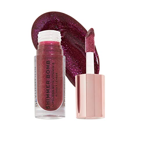 Makeup Revolution- Shimmer Bomb Lip Gloss-Gleam Wine (Shimmery Wine) | Infused With Vitamin E For Extra Nourishment | Shimmery & Sheer Formula | One Swipe Application | Maximum Volume- 4.5 ml