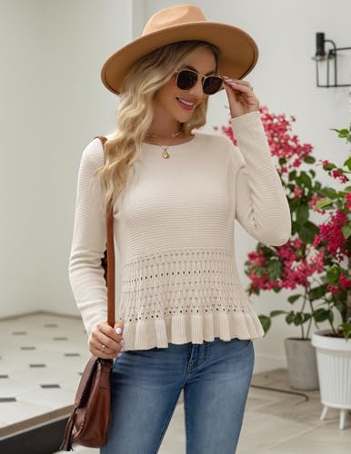 Womens Long Sleeve Cropped Crochet Sweaters Boho Knit Peplum Ruffle Hem Cute Pullover Tops 2025 Fall Outfits S-XL3