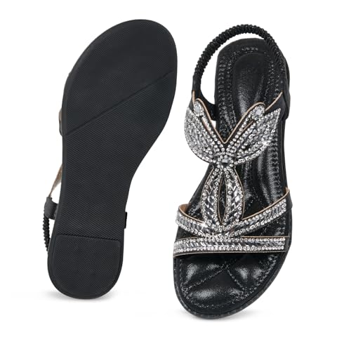 Image of iCKER Womens Rhinestone Strappy Flat Sandals Elastic Ankle Strap Open‑Toe | Sparkling,for wedding,party,evening dates,special occasion,Vacation,Formal