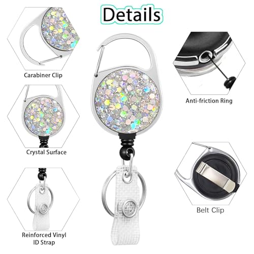 3 Stück Schwere Versenkbare Karabiner Ausweishalter Ausziehbar, FadyRaye Einziehbarer Schlüsselanhänger Ausweisrolle mit Gürtelclip für Krankenschwester Lehrer [Glitzer Niedlichen 65cm Nylonseil]