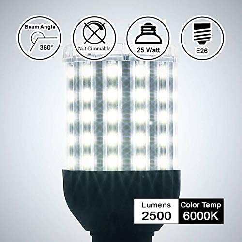 Wenscha E26 Led Corn Light Bulb, 25W Corn Bulbs Daylight Cool White 6000K Super Bright 2500 Lumen 200 Watt Halogen Equivalent, Aluminum Corn Light For Indoor Outdoor Large Area Garage Porch Backyard #TOP1
