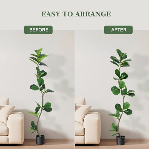 S-Shape Artificial Fiddle Leaf Fig Tree, 5ft Tall Fake Plant with Black Nursery Planter, Faux Ficus Tree for Home Office Living Room Decor