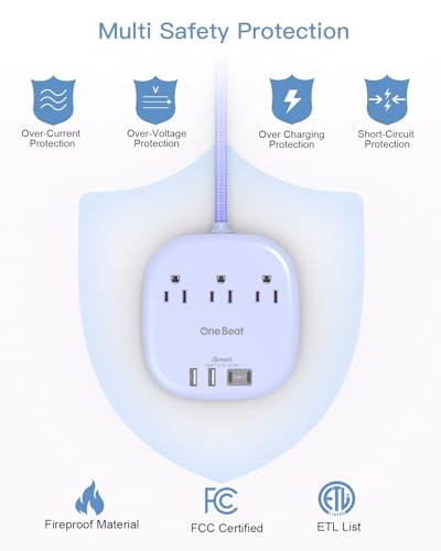 Image of Cruise Ship Travel Essentials, 22.5W /4.5A Flat Plug Power Strip, 6Ft Extension Cord, 3 Outlets 4 USB Ports (2 USB C) Cruise Approved Power Strip No Surge Protection, Desktop Charging Station, Purple
