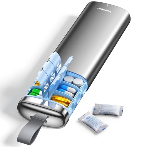 VAYDEER 7 Tage AM PM Pillendose aus Metall mit Trockenmittel-Fach, Wöchentliche Tablettenbox mit Luftdichter Versiegelung, Reise Medikamentenbox für Vitamine & Tabletten mit Trageschlaufe(Grau)