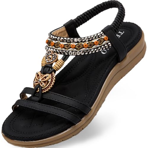 TETSUO Women Sandals Walking Flats Summer Beach Sandals Arch Support Casual Dressy Shoes for Women Elastic Ankle Strap Jeweled Bohemian Shoes