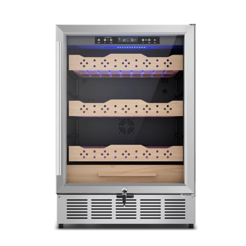 Image of 24 Inch Electric Humidor, Stainless Steel Humidor Cabinet with Large Capacity, Double-Layer Tempered Glass Door, Digital Temp & Humidity Control, Blue LED Light & Lock