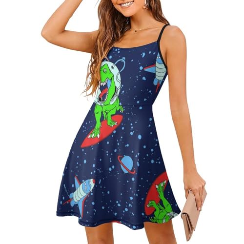 Robe d'été dinosaure dans un vaisseau spatial à bretelles courtes pour femme