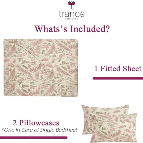 Image of Trance Home Linen 100% Cotton 144Tc Elastic Fitted Bedsheet | Printed Double Size Bed Elasticated Fitted Bedspread with 2 Pillow Covers (75X60 Inch, Foliage Peach), Queen