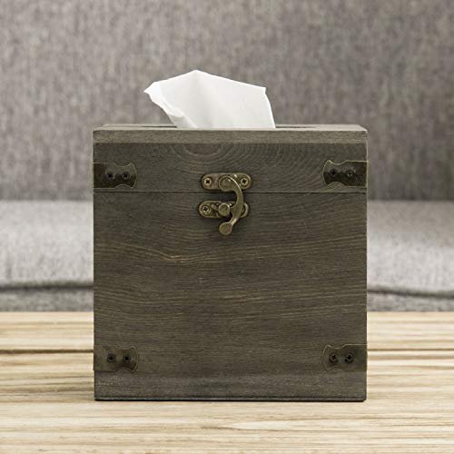 Mygift Vintage Gray Wood Square Facial Tissue Box Holder Cover With Hinged Lid And Hook Lock Latch #TOP2