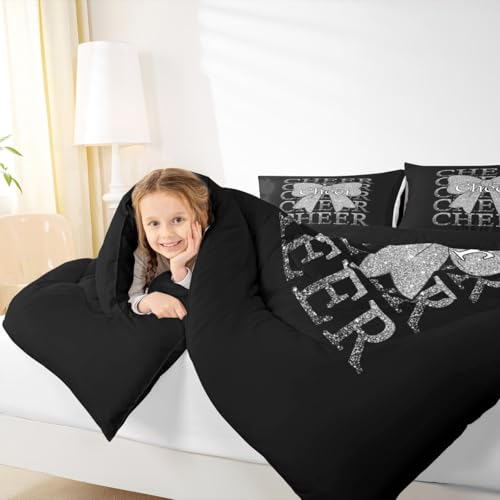 Image of Feelyou Cheer Bow Comforter Set Queen Size Cheerleading Bedding Set for Kids Boys Girls Funny Sport Duvet Quilt Silver Bedroom Decor Microfiber 3 Pcs with 2 Pillow Cases
