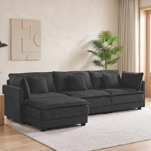 Image of Corduroy Sectional Couch, 3 Seater 113 inch L Shaped Cloud Couch with Ottoman, Modular Deep Seat Sofa with Pillows for Living Room, Apartment, Black