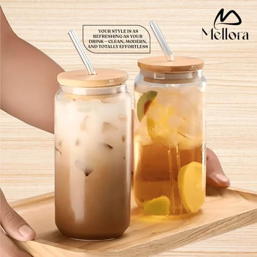 Image of MELLORA Can Shape Tumbler Glass with Straw & Wooden Lid | Leak-Proof, Portable | Ideal for Hot /Cold Coffee, Juice, Drinks | Travel-Friendly, Stylish Mug Sipper | Transparent - 540ml