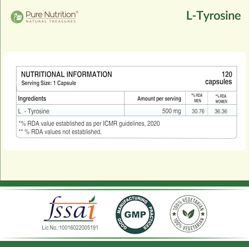 Image of Pure Nutrition L Tyrosine (500mg), 120 Veg Capsules | Supports Cognitive Health, Memory, Focus & Brain Function | Reduces Stress & Fatigue | Promotes Thyroid Health