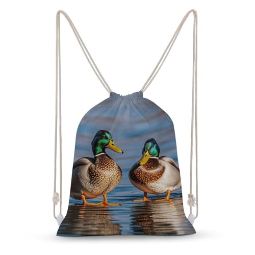 Two Mallard Ducks Drawstring Backpack - Canvas Sports Gym Sackpack, Lightweight String Bag for Beach & Travel
