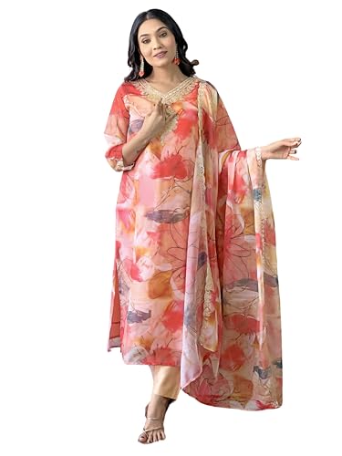 Image of Naixa Women's Taby Organza Embroidery Printed Straight Kurta with Pant and Dupatta Sets (R-Aarya)