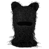 Newcotte Black Distressed Balaclava Cat Ear Ski Mask Knitted Beanie Y2k Full Face Mask Furry Winter Hat Neck Warmer for Men Women