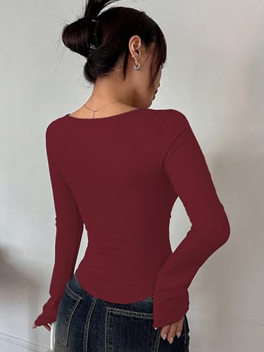Image of Sugathari Women's Black Solid Long Sleeve Wrap-Style Square Split Crew Neck Bodycon Women T-Shirt Spring and Summer Top, Minimalist and Fashionable for Everyday Casual Wear Tops (T-Shirt 181)