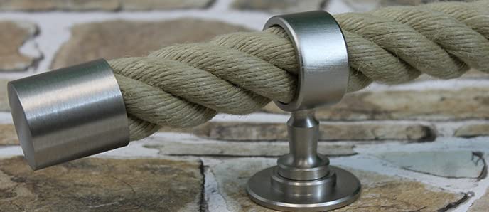 Handlaufseil-Set Ø 30 mm – 3 m Polyhanf-Seil „Nature Touch“ naturfarben mit 2 Endkappen & 3 Seilträgern, vernickelt | Treppe & Geländer