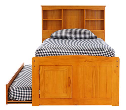 Discovery World Furniture Twin Bookcase Captains Bed with 3 Drawers and Twin Trundle, Honey