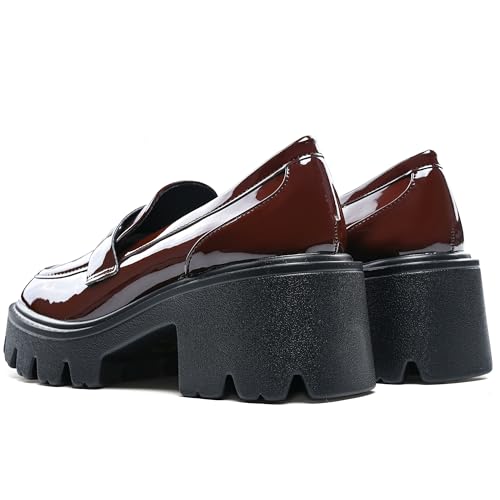 Image of Black Penny Loafers for Women - Women's Slip-On Platform Patent Leather Loafers, Chunky Comfort Shoes for Work & Dressy Occasions