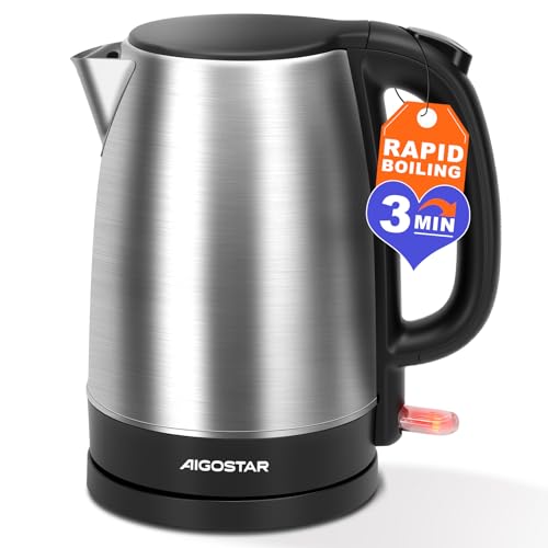 Aigostar Wasserkocher Edelstahl 1,7 L, 2200W Elektrischer Wasserkocher mit Kalkfilter, Kabellos, Abschaltautomatik, ideal für Tee, Kaffee, Babynahrung, BPA-Frei, Schwarz