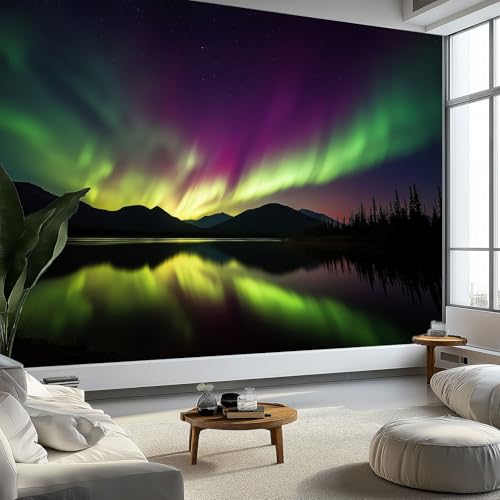 Papel pintado fotográfico con luces del norte, reflejo del lago, 350 x 256 cm, multicolor, mural de pared moderno de forro polar no tejido, arte de pared para dormitorio, sala de estar, decoración del