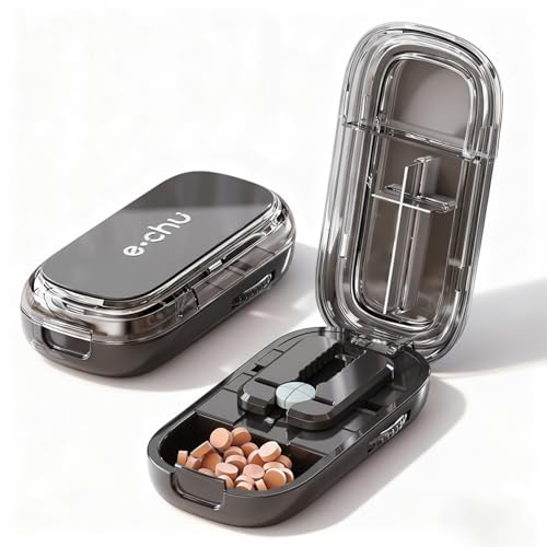 Pill Cutter Splitter for Small and Tiny Pills - 1/2 & 1/4 Adjustable Pill Splitter with Centering Device for Cutting Multiple Pills Accurate Alignment and Easy to Use (Black)