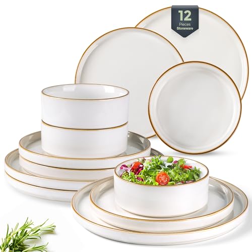 GBHOME Ceramic Dinnerware Sets for 4, 12 Pieces Stoneware Plates and Bowls Sets, Reactive Glaze Dishes -Scratch Resistant, Dishwasher&Microwave Safe-Pearl White GBHOME Ceramic Dinnerware Sets for 4, 12 Pieces Stoneware Plates and Bowls Sets, Reactive Glaze Dishes -Scratch Resistant, Dishwasher&Microwave Safe-Pearl White