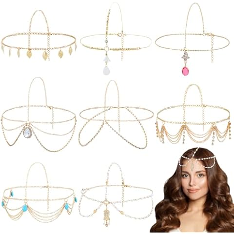 Dizila 8 Pieces Gold Head Chains with Leaf Bead Rhinestone Tassel Festival Prom Wedding Bridal Jewelry Boho Headbands Forehead Chains Headwear Headpieces for Women Girls Cover