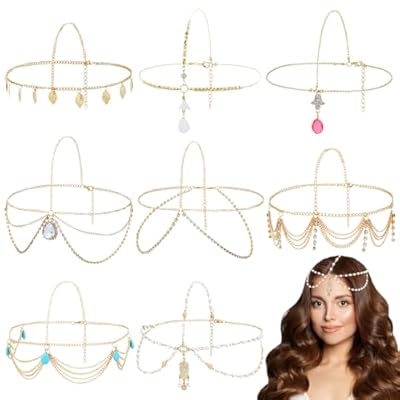 Dizila 8 Pieces Gold Head Chains with Leaf Bead Rhinestone Tassel Festival Prom Wedding Bridal Jewelry Boho Headbands Forehead Chains Headwear Headpieces for Women Girls