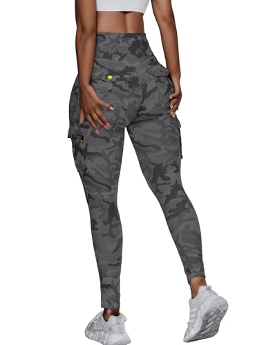 GYMTITAN Scrunch Butt Cargo Leggings with Pockets Workout Leggings for Women Yoga Gym Pants, Black Camo, M
