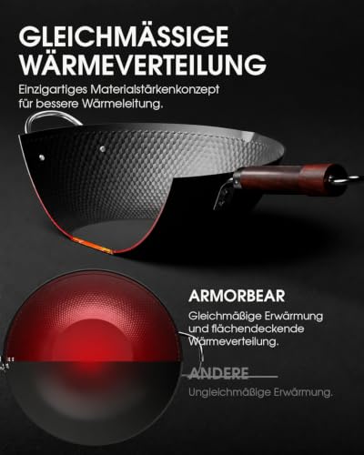 Foto von Armorbear 34 cm Wokpfanne aus Karbonstahl, Tripol-Nitrierte, vorgebrannte Woks mit flachem Boden, antihaftbeschichtet, japanischer Wok mit Glasdeckel für alle Herdplatten